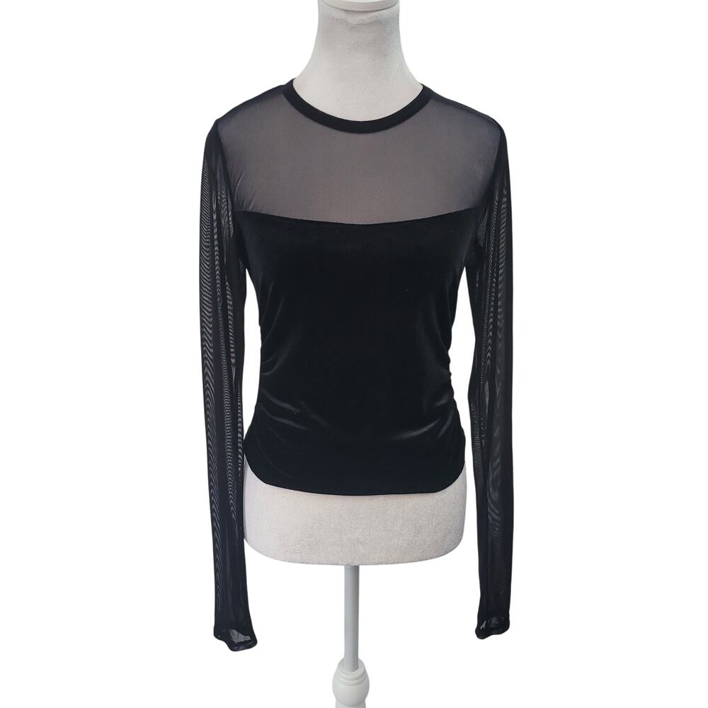 Wild Fable Size S Black Mesh Long Sleeve Velvet Top Sheer Y2K Goth‎